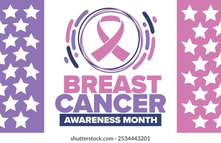 Mes de Concientización sobre el Cáncer de Mama. Octubre rosa. Cinta rosa. Salud de la mujer. Celebra anualmente. Concepto médico. Solidaridad con las niñas. Prevención del cáncer. Enfermedad femenina. Cartel, Anuncio y fondo. Vector