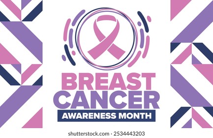 Mes de Concientización sobre el Cáncer de Mama. Octubre rosa. Cinta rosa. Salud de la mujer. Celebra anualmente. Concepto médico. Solidaridad con las niñas. Prevención del cáncer. Enfermedad femenina. Cartel, Anuncio y fondo. Vector