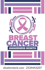 Mes de Concientización sobre el Cáncer de Mama. Octubre rosa. Cinta rosa. Salud de la mujer. Celebra anualmente. Concepto médico. Solidaridad con las niñas. Prevención del cáncer. Enfermedad femenina. Cartel, Anuncio y fondo. Vector