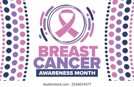 Mes de Concientización sobre el Cáncer de Mama. Octubre rosa. Cinta rosa. Salud de la mujer. Celebra anualmente. Concepto médico. Solidaridad con las niñas. Prevención del cáncer. Enfermedad femenina. Cartel, Anuncio y fondo. Vector