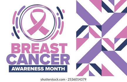 Mes de Concientización sobre el Cáncer de Mama. Octubre rosa. Cinta rosa. Salud de la mujer. Celebra anualmente. Concepto médico. Solidaridad con las niñas. Prevención del cáncer. Enfermedad femenina. Cartel, Anuncio y fondo. Vector