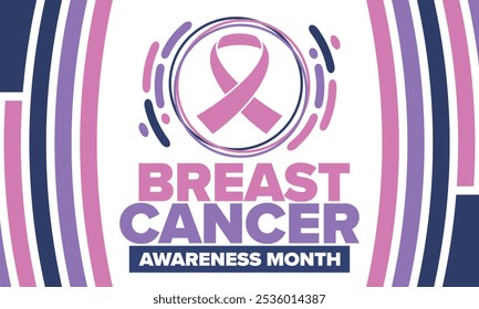 Mes de Concientización sobre el Cáncer de Mama. Octubre rosa. Cinta rosa. Salud de la mujer. Celebra anualmente. Concepto médico. Solidaridad con las niñas. Prevención del cáncer. Enfermedad femenina. Cartel, Anuncio y fondo. Vector