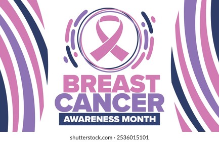 Mes de Concientización sobre el Cáncer de Mama. Octubre rosa. Cinta rosa. Salud de la mujer. Celebra anualmente. Concepto médico. Solidaridad con las niñas. Prevención del cáncer. Enfermedad femenina. Cartel, Anuncio y fondo. Vector