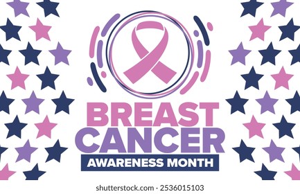 Mes de Concientización sobre el Cáncer de Mama. Octubre rosa. Cinta rosa. Salud de la mujer. Celebra anualmente. Concepto médico. Solidaridad con las niñas. Prevención del cáncer. Enfermedad femenina. Cartel, Anuncio y fondo. Vector