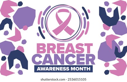 Mes de Concientización sobre el Cáncer de Mama. Octubre rosa. Cinta rosa. Salud de la mujer. Celebra anualmente. Concepto médico. Solidaridad con las niñas. Prevención del cáncer. Enfermedad femenina. Cartel, Anuncio y fondo. Vector