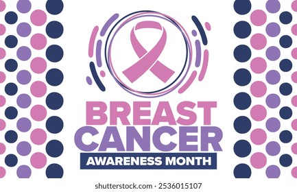 Mes de Concientización sobre el Cáncer de Mama. Octubre rosa. Cinta rosa. Salud de la mujer. Celebra anualmente. Concepto médico. Solidaridad con las niñas. Prevención del cáncer. Enfermedad femenina. Cartel, Anuncio y fondo. Vector