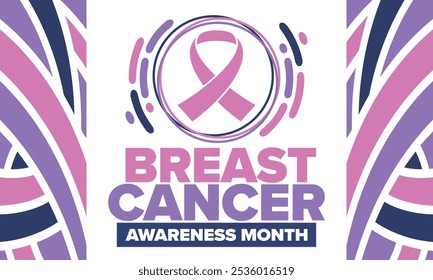 Mes de Concientización sobre el Cáncer de Mama. Octubre rosa. Cinta rosa. Salud de la mujer. Celebra anualmente. Concepto médico. Solidaridad con las niñas. Prevención del cáncer. Enfermedad femenina. Cartel, Anuncio y fondo. Vector