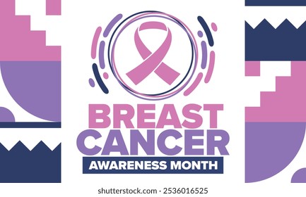 Mes de Concientización sobre el Cáncer de Mama. Octubre rosa. Cinta rosa. Salud de la mujer. Celebra anualmente. Concepto médico. Solidaridad con las niñas. Prevención del cáncer. Enfermedad femenina. Cartel, Anuncio y fondo. Vector