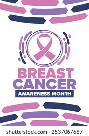 Mes de Concientización sobre el Cáncer de Mama. Octubre rosa. Cinta rosa. Salud de la mujer. Celebra anualmente. Concepto médico. Solidaridad con las niñas. Prevención del cáncer. Enfermedad femenina. Cartel, Anuncio y fondo. Vector