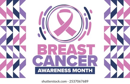 Mes de Concientización sobre el Cáncer de Mama. Octubre rosa. Cinta rosa. Salud de la mujer. Celebra anualmente. Concepto médico. Solidaridad con las niñas. Prevención del cáncer. Enfermedad femenina. Cartel, Anuncio y fondo. Vector