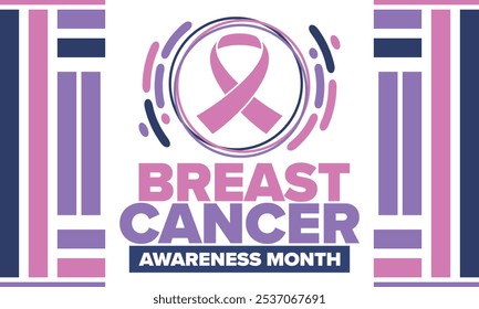 Mes de Concientización sobre el Cáncer de Mama. Octubre rosa. Cinta rosa. Salud de la mujer. Celebra anualmente. Concepto médico. Solidaridad con las niñas. Prevención del cáncer. Enfermedad femenina. Cartel, Anuncio y fondo. Vector