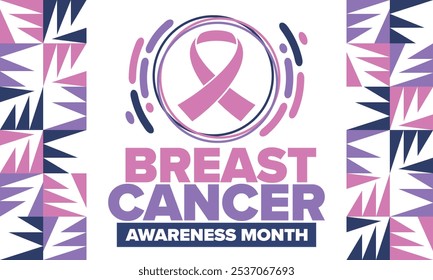 Mes de Concientización sobre el Cáncer de Mama. Octubre rosa. Cinta rosa. Salud de la mujer. Celebra anualmente. Concepto médico. Solidaridad con las niñas. Prevención del cáncer. Enfermedad femenina. Cartel, Anuncio y fondo. Vector