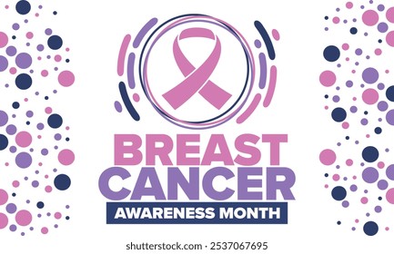 Mes de Concientización sobre el Cáncer de Mama. Octubre rosa. Cinta rosa. Salud de la mujer. Celebra anualmente. Concepto médico. Solidaridad con las niñas. Prevención del cáncer. Enfermedad femenina. Cartel, Anuncio y fondo. Vector