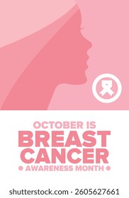 Breast Cancer Awareness Month. Pink october. Pink ribbon. Woman healthcare. Celebrate annual. Medic concept. Girl solidarity. Cancer prevention. Female disease. Poster, banner and background. Vector