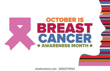 Breast Cancer Awareness Month. Pink october. Pink ribbon. Woman healthcare. Celebrate annual. Medic concept. Girl solidarity. Cancer prevention. Female disease. Poster, banner and background. Vector