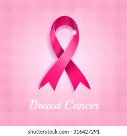 Breast cancer awareness month  pink ribbon on pink dotted halftone  background. 