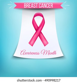 Breast Cancer awareness month, pink ribbon on a white paper sheet. Vector illustration