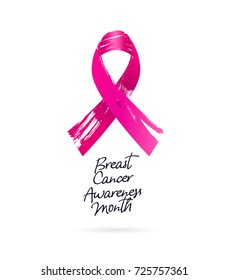 Breast Cancer Awareness Month. Pink Ribbon. The trend calligraphy. Vector illustration on white background. Gift Postcard.