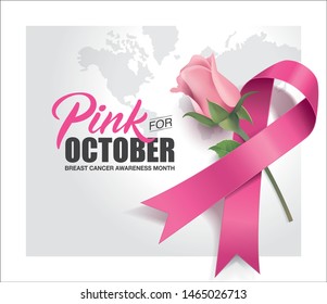 Breast Cancer Awareness Month poster design with silhouette of pink ribbon and flower	