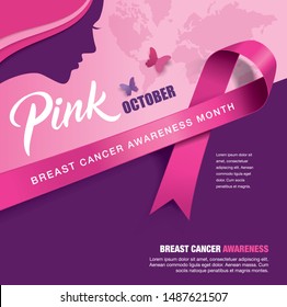 Breast Cancer Awareness Month poster design with silhouette of woman's head and ribbon
