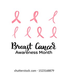 Breast cancer awareness month poster with sign of the campaign pink ribbon, textured illustration with hand written calligraphy. Women oncological disease awareness month for banner, logo, icon, card