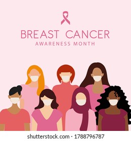Breast cancer awareness month poster of diverse women group. Women parade concept breast cancer month.