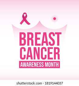 Breast cancer awareness month - poster with abstract woman body shape with breast and ribbon. Pink color mode. Vector. 