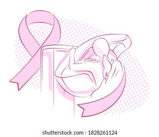 Breast cancer awareness month poster - drawn mammogram diagnostics and pink ribbon - symbol of fight with disease