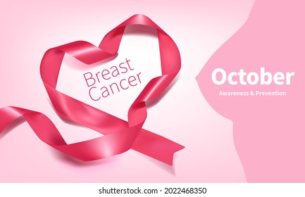 Breast cancer awareness month poster background concept design. Realistic pink bow ribbon vector illustration template