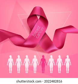 Breast cancer awareness month poster background concept design. Realistic pink bow ribbon vector illustration template