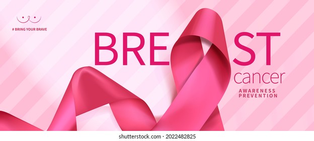 Breast cancer awareness month poster background concept design. Realistic pink bow ribbon vector illustration template