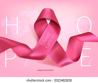 Breast cancer awareness month poster background concept design. Realistic pink bow ribbon vector illustration template