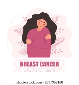 Breast cancer awareness month poster. Happy woman hugging herself. Annual international health campaign. Vector illustration in flat cartoon style.