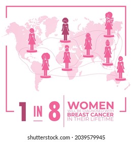 Breast cancer awareness month poster. The women were diagnosed. World pink map.