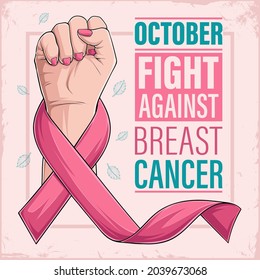 Breast cancer awareness month poster with woman hand and pink ribbon , Women health care support symbol. female hope and fight concept