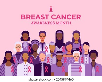 Breast cancer awareness month poster. Pink October vector illustration. Group of women of diverse age, races and occupation wearing pink ribbons for breast cancer.