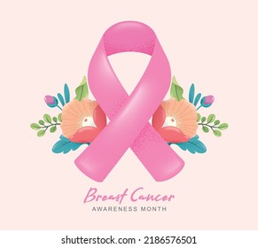 Breast cancer awareness month poster design with pink ribbon and flowers