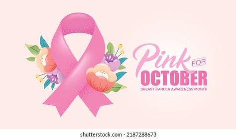 Diseño de afiches del mes de sensibilización sobre el cáncer de mama con cintas y flores rosadas