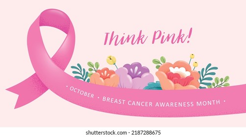 Breast cancer awareness month poster design with pink ribbon and flowers