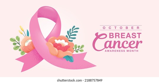 Breast cancer awareness month poster design with pink ribbon and flowers