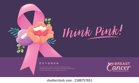 Breast cancer awareness month poster design with pink ribbon and flowers