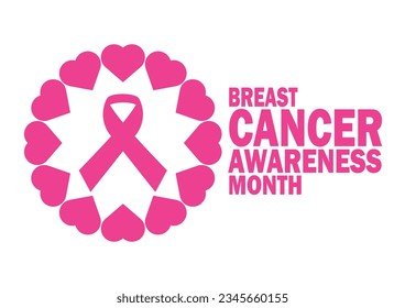 Breast cancer awareness month. Poster pink ribbon, text and heart shapes. Isolated on white vector illustration