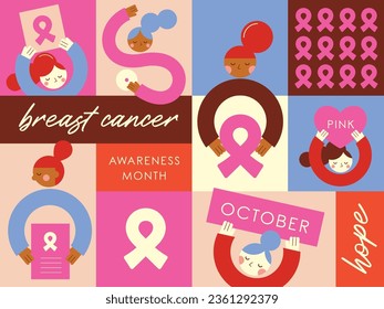 Breast cancer awareness month poster design for oncology prevention campaign. Vector illustration in flat style.