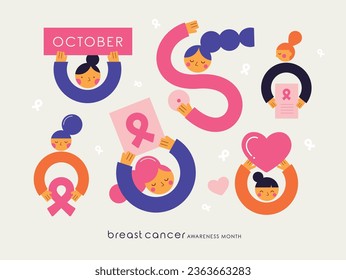 Afiche del mes de concienciación sobre el cáncer de mama para la campaña de prevención de oncología. Ilustración vectorial en estilo plano.