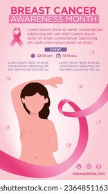 Breast cancer awareness month poster, with pink ribbon and illustration of a woman self-examining her breasts