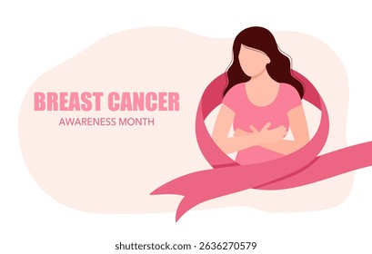 Breast cancer awareness month poster vector illustration. Woman self check breast cancer and awareness pink ribbon.