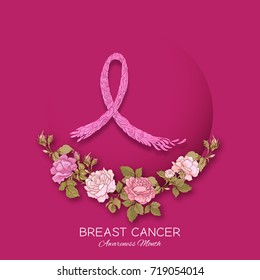 Breast cancer awareness month poster with pink ribbon and roses.