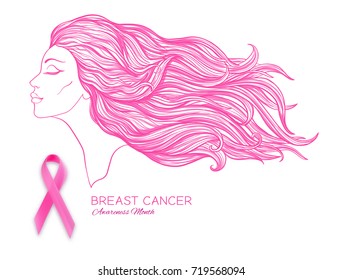 Breast cancer awareness month poster with pink ribbon and women portrait.