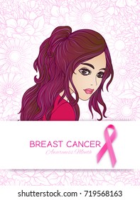 Breast cancer awareness month poster with pink ribbon and women portrait.
