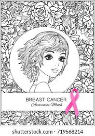 Breast cancer awareness month poster with pink ribbon and women portrait.